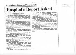 A newspaper clipping with the headline "Hospital's Report Asked - 2 Legislators Focus on Western State"
