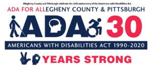 Red and blue ADA30 logo featuring symbols representing people with disabilities.
