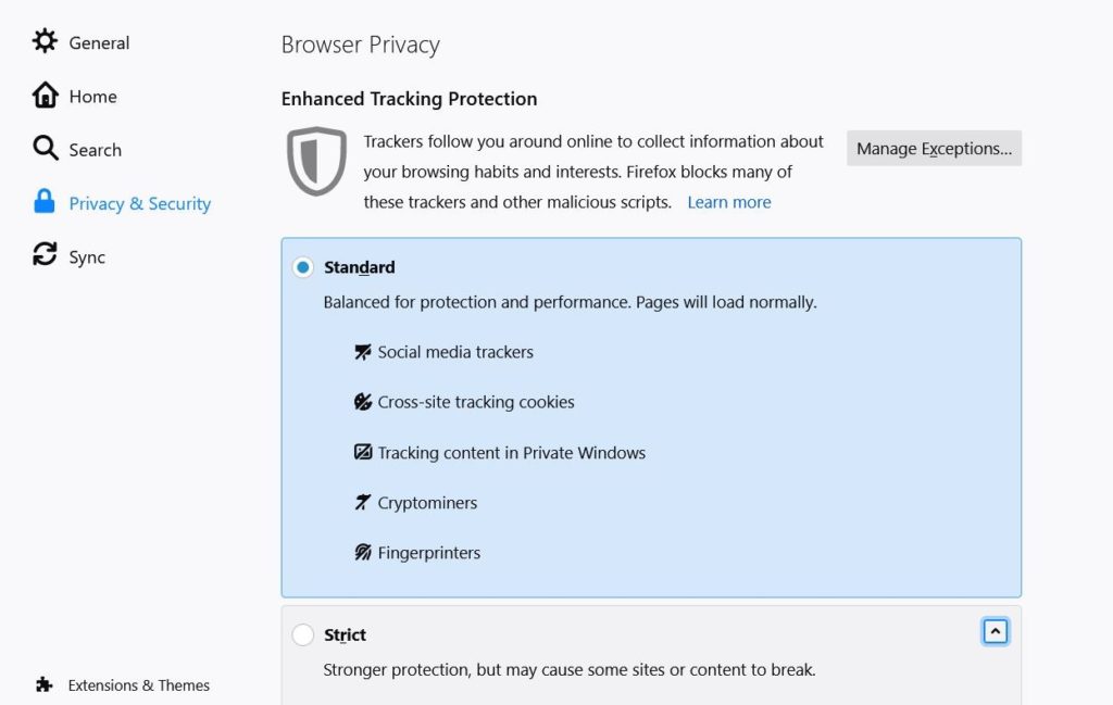 Image of browser privacy settings in an Antivirus settings panel.