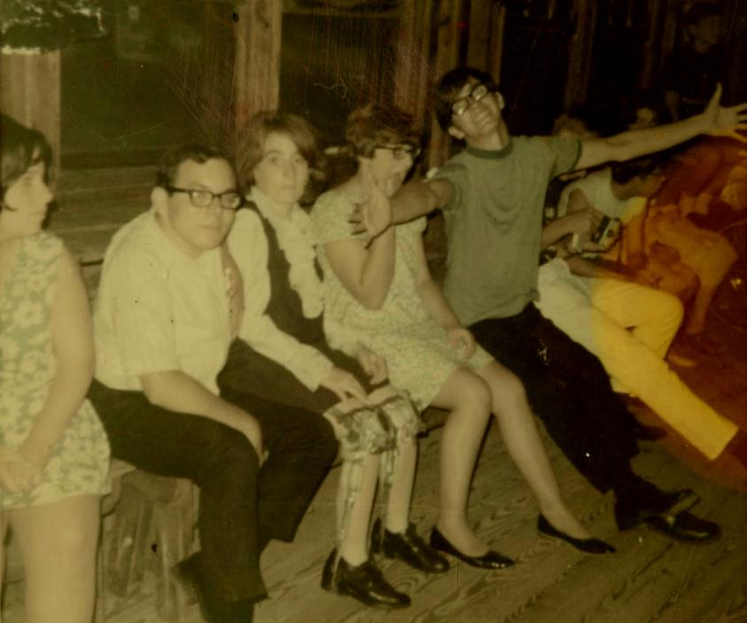 Kathleen Kleinmann with fellow campers attending evening social event at Camp Easter Seals, 1968. Gift of Kathleen Kleinmann.

