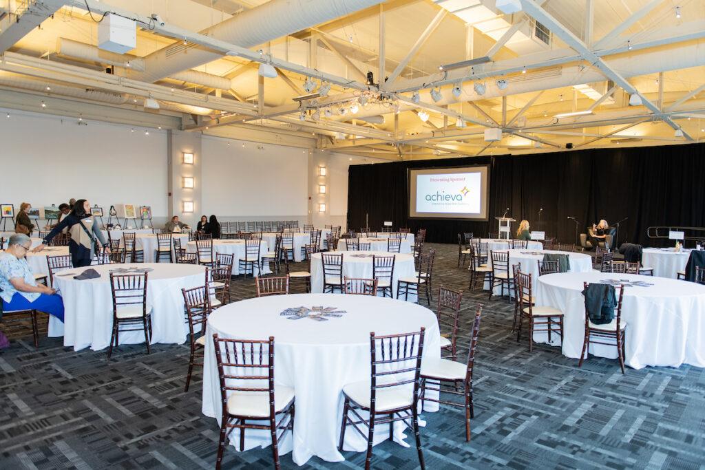 The large ballroom, empty and waiting on guests to arrive.