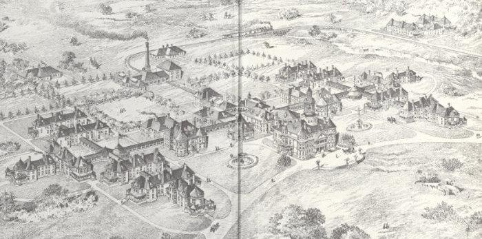 Historic sketch of Polk Center Campus. Photo source: Polk Center, 90 years: a pictorial history of Polk Center in Polk, Pennsylvania